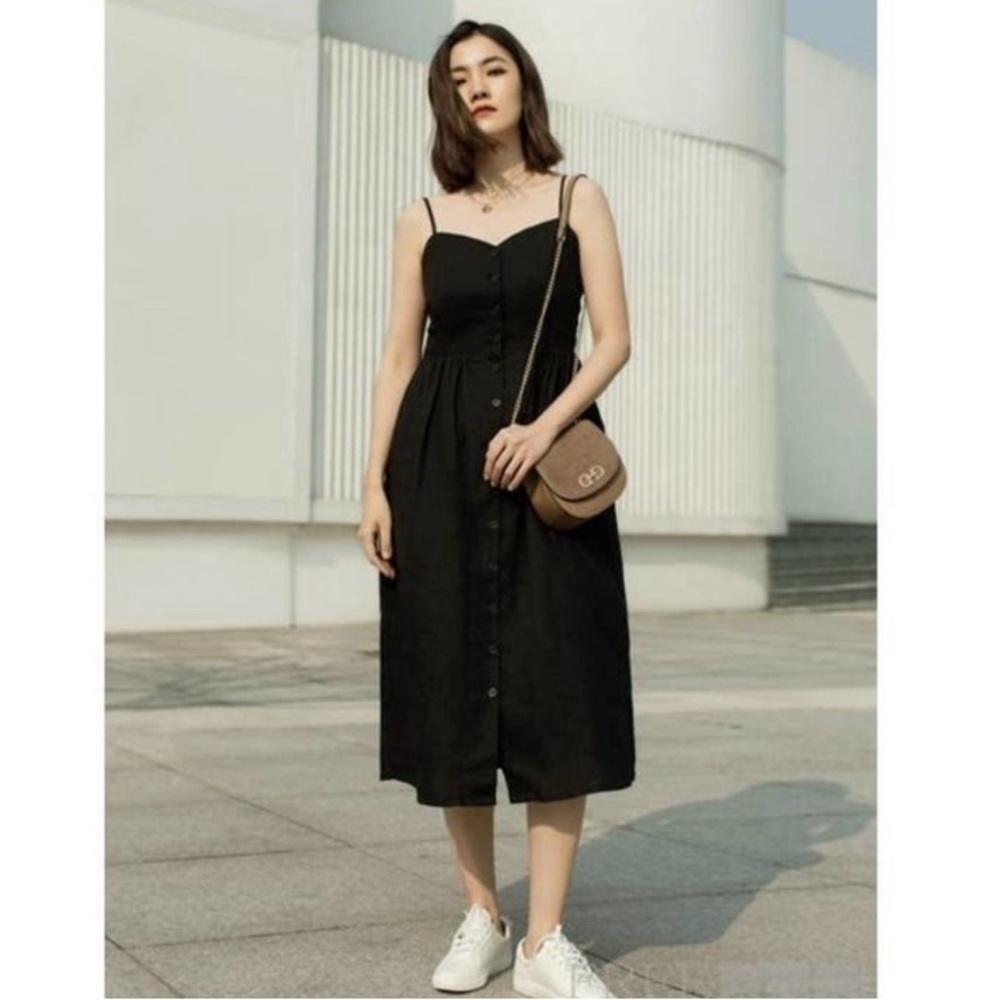 Black Button Front Midi Dress